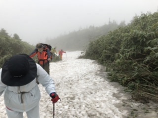 大岳山頂途中は雪渓が行く手を阻む